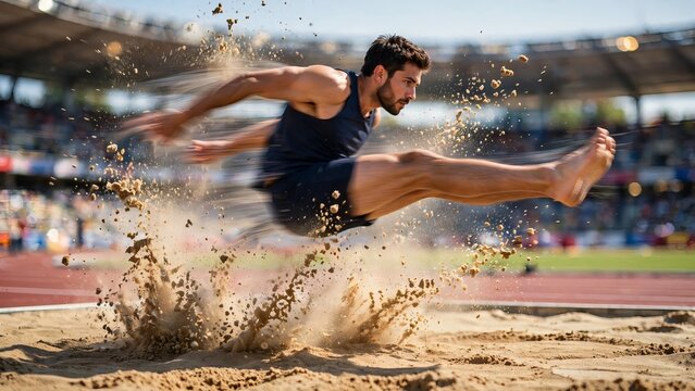 Male Caucasian athlete performing a long jump in a stadium landing in a sand pit with dramatic sand splash and motion blur