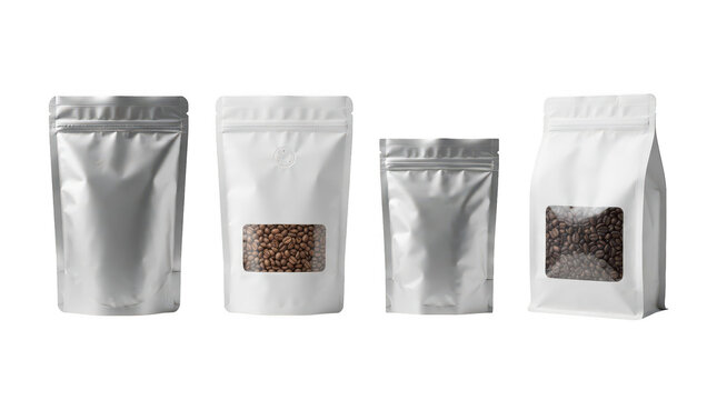 Set of blank coffee bean bags and metallic foil pouches for branding isolated on transparent background