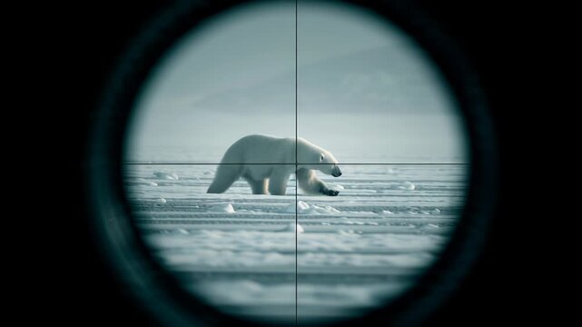 Polar bear seen through rifle scope aiming in snowy arctic environment.