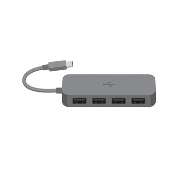 2d flat illustration style "hardware de inform&aacute;tica", isolated on white background. No texts. Subject: USB hub multi-port adapter, compact rectangular or rounded body, multiple USB ports on front.