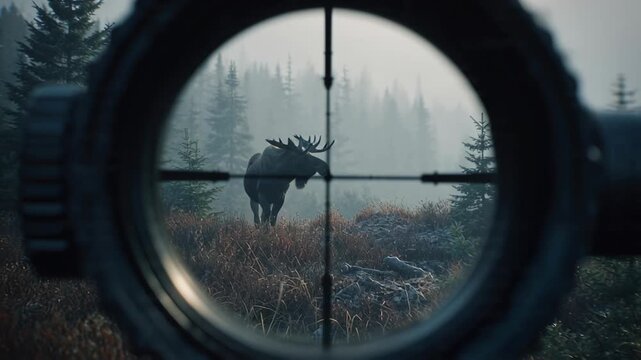 Moose in forest viewed through rifle scope crosshairs in misty environment.