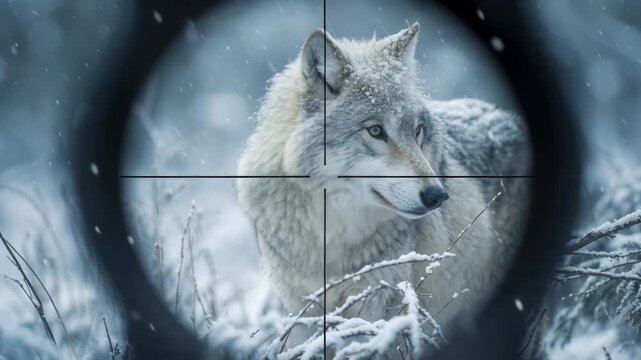 Gray wolf in snowy forest viewed through rifle scope crosshairs.