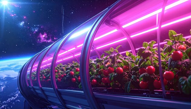 Hydroponic tomatoes in space station greenhouse.
