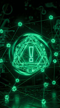 Digital warning exclamation mark icon with futuristic network background