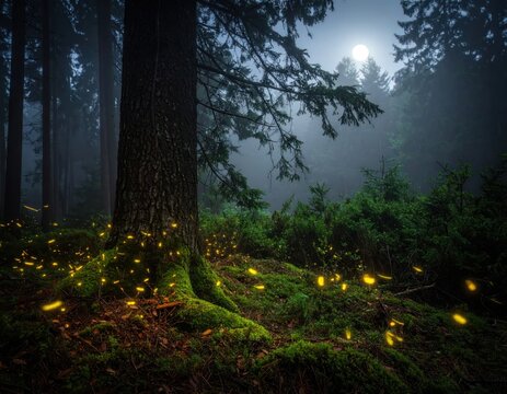Glowing fireflies in dark misty forest at night.