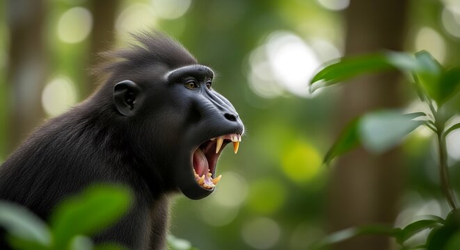 Black crested macaque screaming in tropical forest