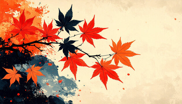 Japanese ukiyo-e style maple leaves background texture for design use
