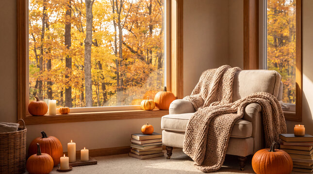 Cozy autumn living room corner with pumpkins, candles, knitted blanket and golden forest view is perfect for fall equinox home decor banners