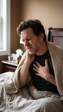A middle-aged man suffering from a sore throat and chest pain lies in bed, wrapped in a blanket, with a concerned expression.