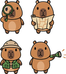 Fototapeta premium Set of cute cartoon capybara explorers in different poses.