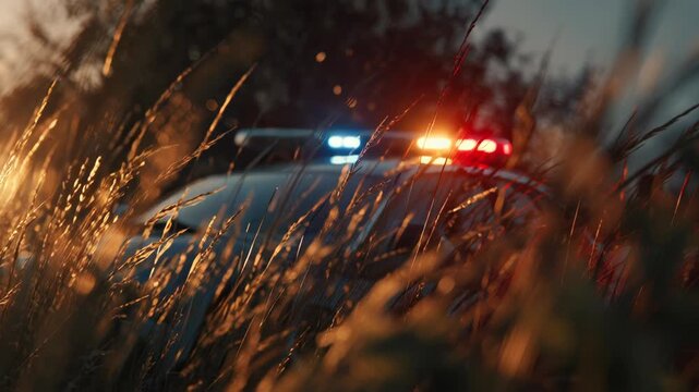 Police car with flashing red and blue lights behind tall grass at night.