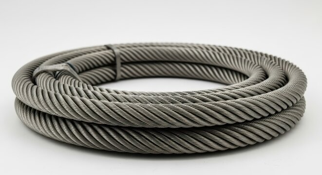 Coiled industrial steel cable on white background.