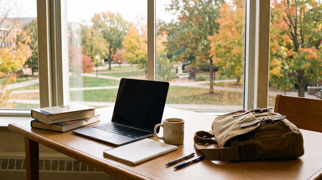 Window-side study desk with laptop, books, coffee mug and backpack overlooking autumn campus is perfect for back-to-school lifestyle backgrounds