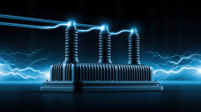 High voltage transformer with electric insulator and lightning on dark background creates dramatic energy transmission scene