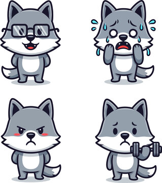 Set of cute wolf character illustrations with different expressions and activities.
