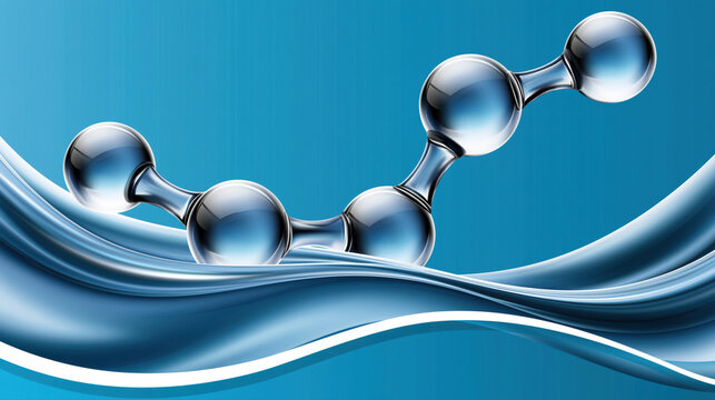 Metallic molecular structure with reflective spheres above flowing blue wave, creating clean scientific concept with dynamic motion and polished visual appeal