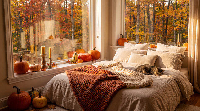 Autumn bedroom corner with soft bedding, pumpkins, candles and cat sleeping by the window is perfect for cozy fall lifestyle backgrounds