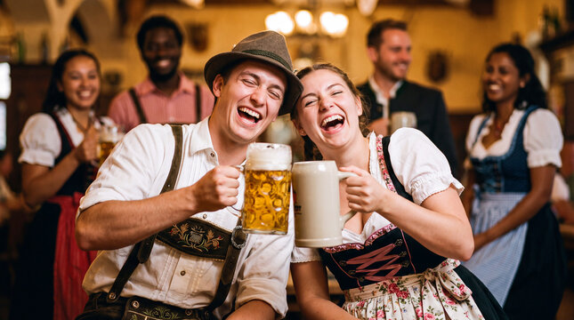 Close-up of two young people are clinking beer steins with joyful laughter at Oktoberfest, intimate celebration moment for social posts
