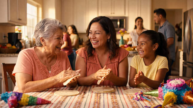 Hispanic Heritage Month celebration features three generations of Latinx family making tortillas together for poster