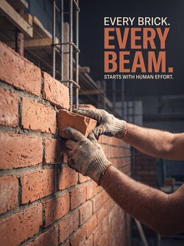 Construction worker hands laying red bricks on wall with text overlay with gloves carefully positioning