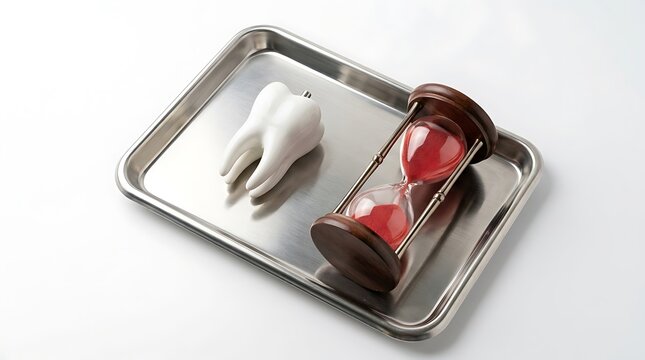 Tooth Model and Hourglass on Stainless Steel Dental Tray