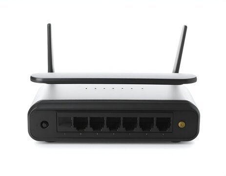 Rear view of black router with dual antennas.