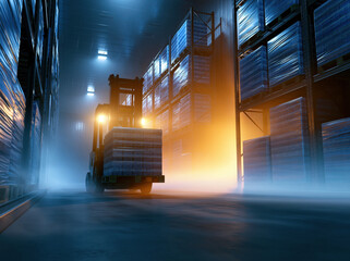 Fototapeta premium Cold storage warehouse with forklift moving pallet through refrigerated aisle under blue industrial lighting