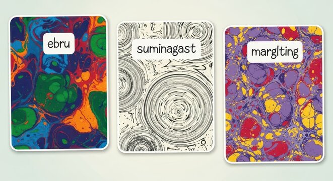 Colorful abstract art prints with handwritten labels on white cards.
