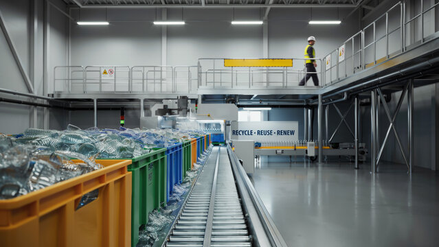 Automated plastic bottle recycling facility with facility colorful sorting central metal conveyor sorting crates filled filled bottles moving factory