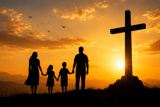 Silhouette of family holding hands looking at Christian cross at sunset perfect for religious family articles