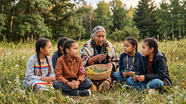 Native American Elder Woman Teaching Traditional Plant Medicine to Young Girls Outdoors