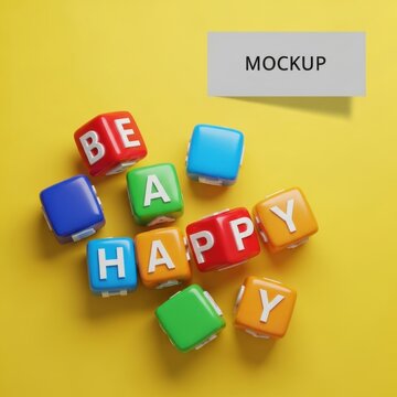 Colorful alphabet blocks spelling be happy on yellow background.