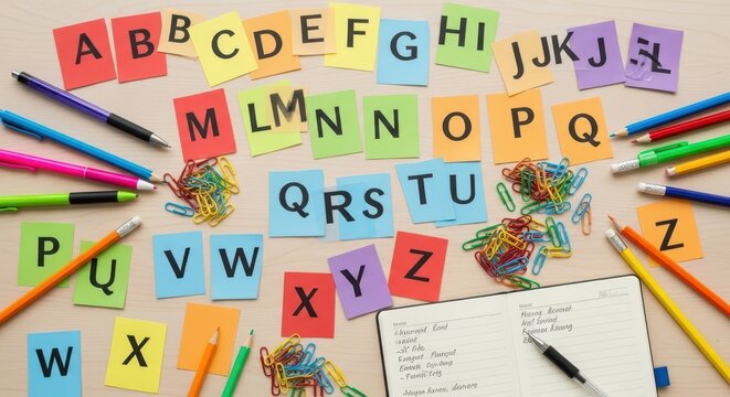Colorful Alphabet Letters and School Supplies on Desk.