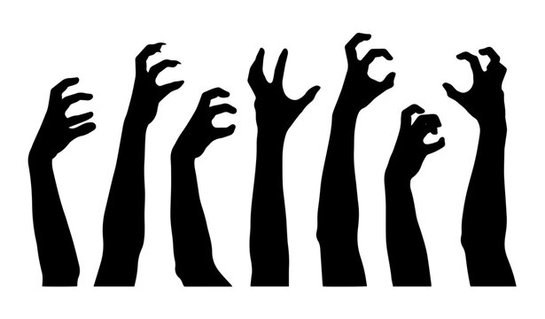 Scary monster and zombie reaching hand black silhouette vector set