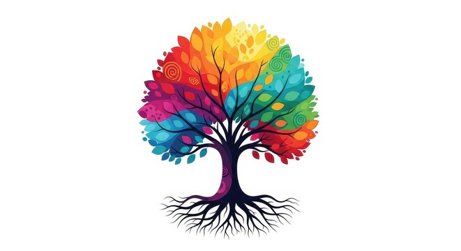 Colorful Abstract Tree with Vibrant Leaves and Roots.