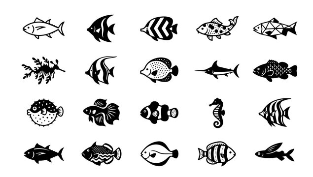 Marine animal vector set featuring fish, seahorses, shells, and aquatic creatures