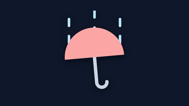Pink Umbrella Icon Swinging. Rain Drops Flat Design Weather Animation Dark Background.