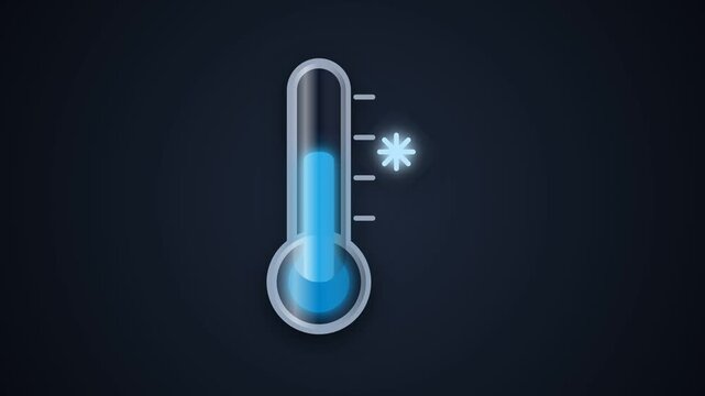 Blue Thermometer Icon Animating Fluctuating Temperature with Snowflake on Dark Background