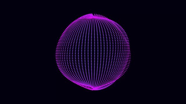 Futuristic 3d particle sphere spinning, purple digital dot globe animation, abstract tech data loop 4k