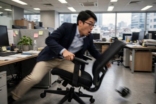 Startled East Asian businessman falling backward over his office chair with high motion blur, depicting a clumsy workplace accident and losing balance near a cubicle desk