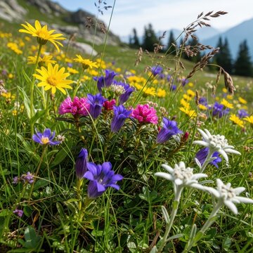 Colorful Alpine Wildflowers in Mountain Meadow.