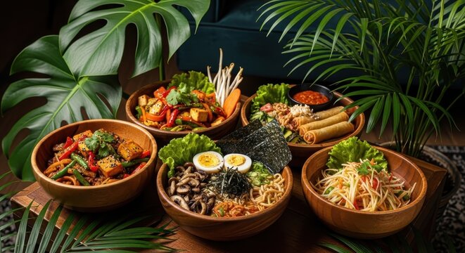 Colorful Asian Bowls with Fresh Vegetables and Noodles.