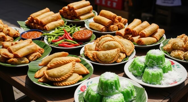 Colorful Asian Appetizers and Desserts on Display.