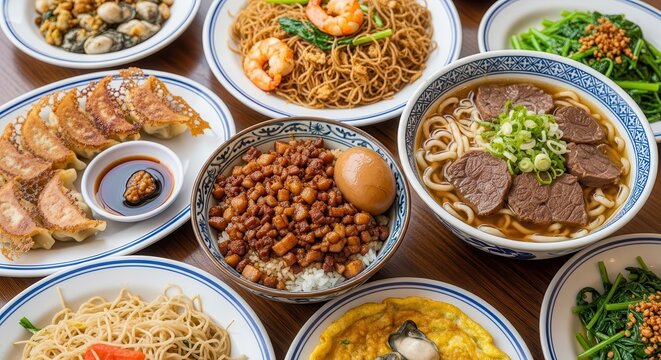 Colorful Asian Cuisine Spread on Wooden Table.