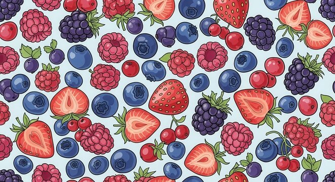 Colorful Assorted Berries Seamless Pattern Background.