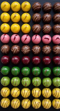 Colorful Assorted Chocolate Truffles on Dark Background.