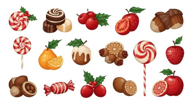 Colorful Assorted Christmas Candies and Festive Treats Illustration.