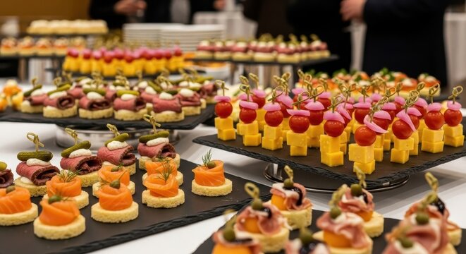 Colorful Assorted Finger Foods at a Buffet Table.