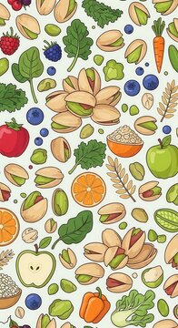 Colorful Assorted Fruits Vegetables and Nuts Illustration.