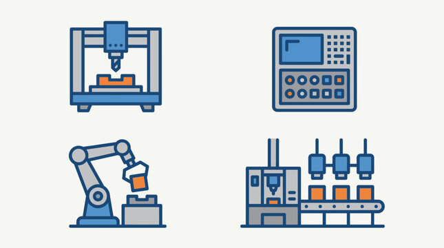 Flat Line Icon Set of CNC Milling Machine in Factory